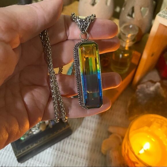 Bi-Color Tourmaline Pendant Blue Yellow Stainless Steel Necklace - Picture 5 of 5